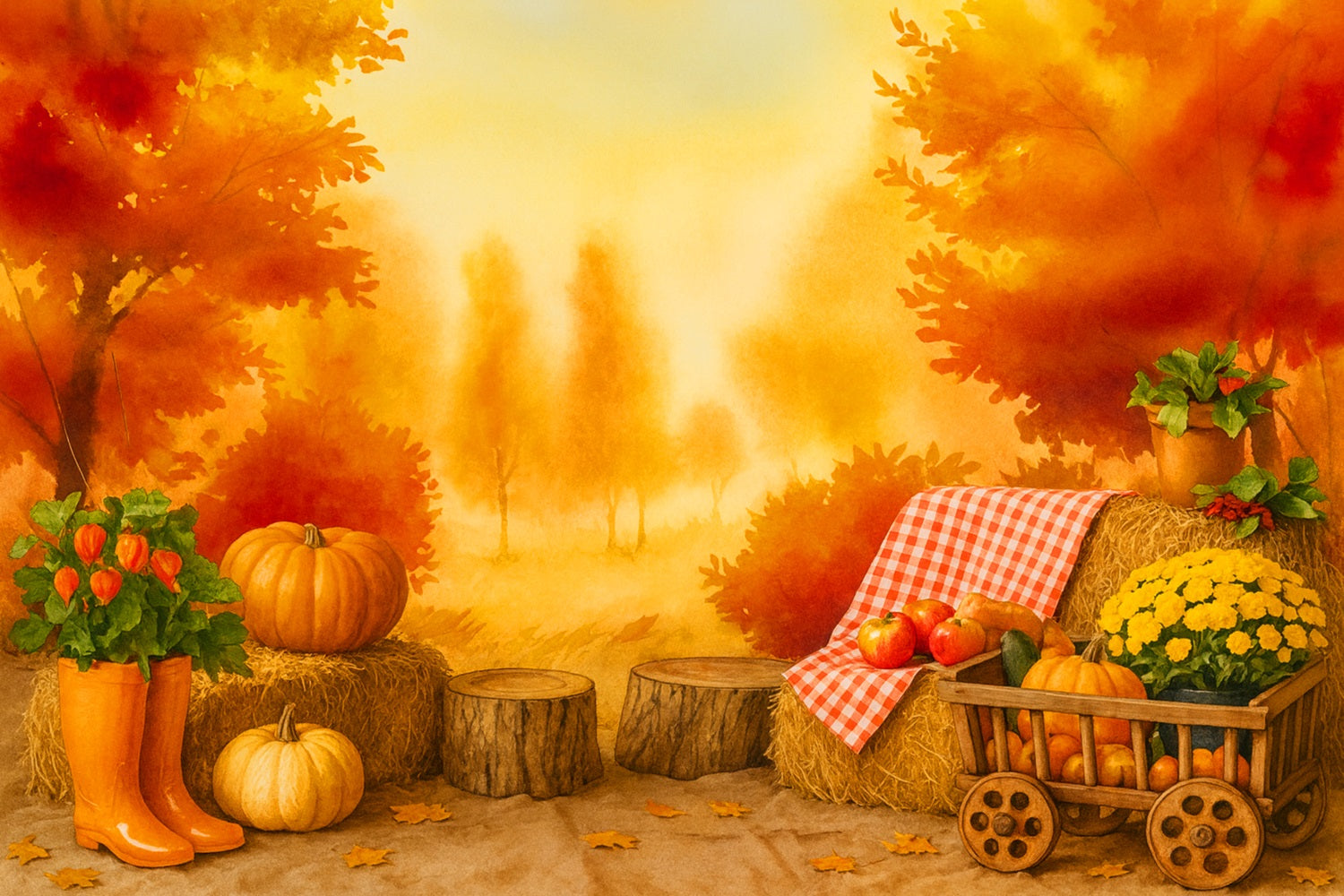 Pumpkin Photo Backdrop Golden Orchard Autumn Picnic Thanksgiving Backdrop Ideas UK LXX510-39