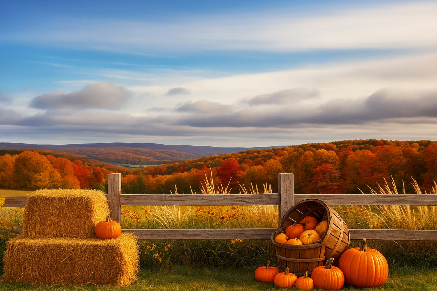 Farm Backdrop Autumn Hills Pumpkin Harvest Happy Thanksgiving Backdrop UK LXX510-47