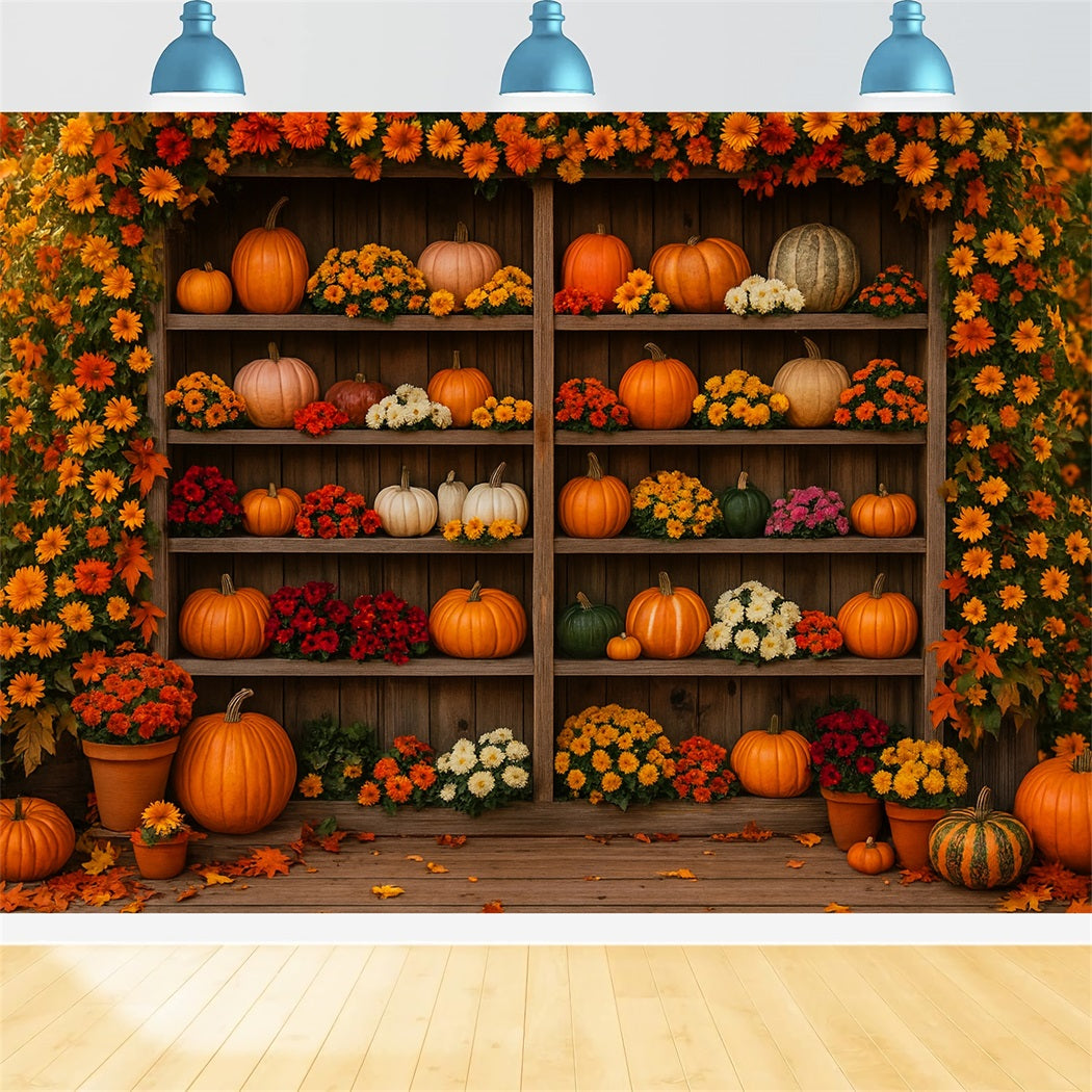 Farm Backdrop Blooming Pumpkin Floral Shelf Thanksgiving Photo Backdrop UK LXX510-49
