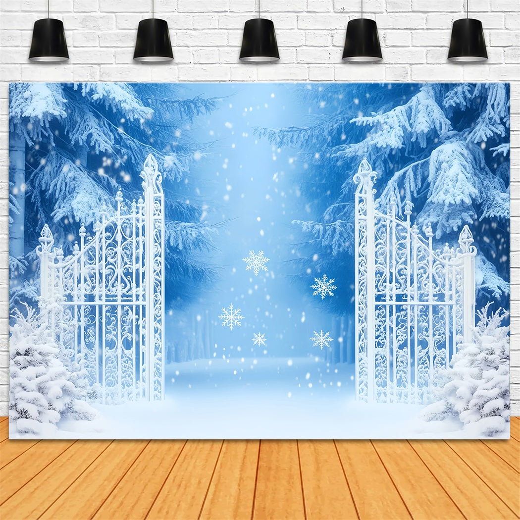Snowflakes Backdrop Enchanted Snowy Forest Gate Winter Photo Backdrops UK LXX510-54