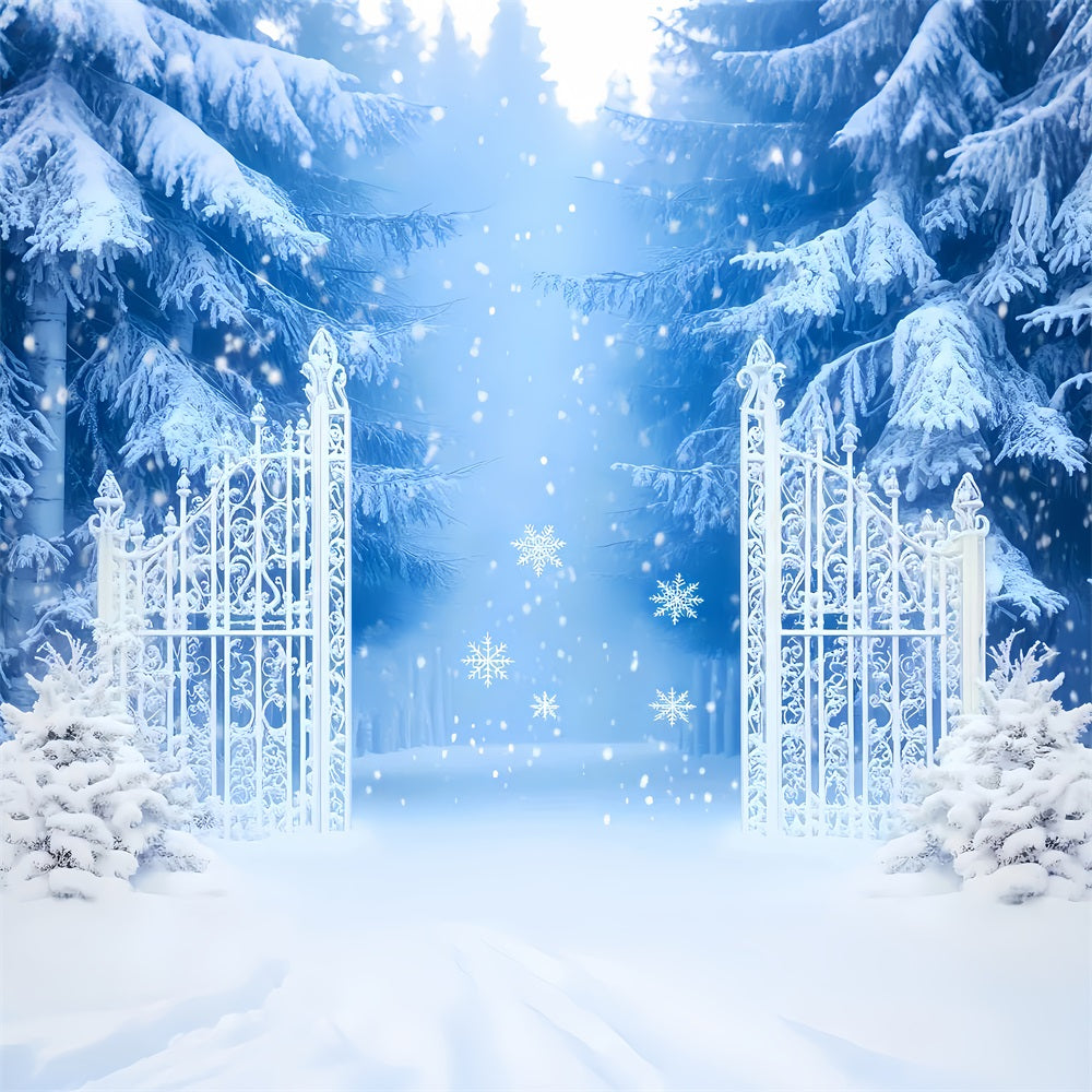 Snowflakes Backdrop Enchanted Snowy Forest Gate Winter Photo Backdrops UK LXX510-54