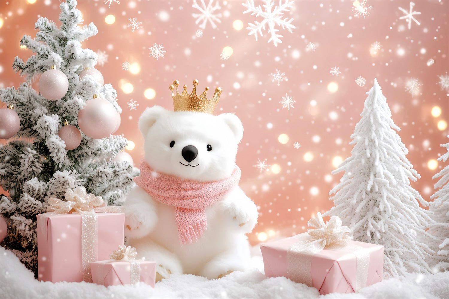 Snowflake Backdrop Pink Polar Bear Wonderland Winter Photography Backdrops UK LXX510-56