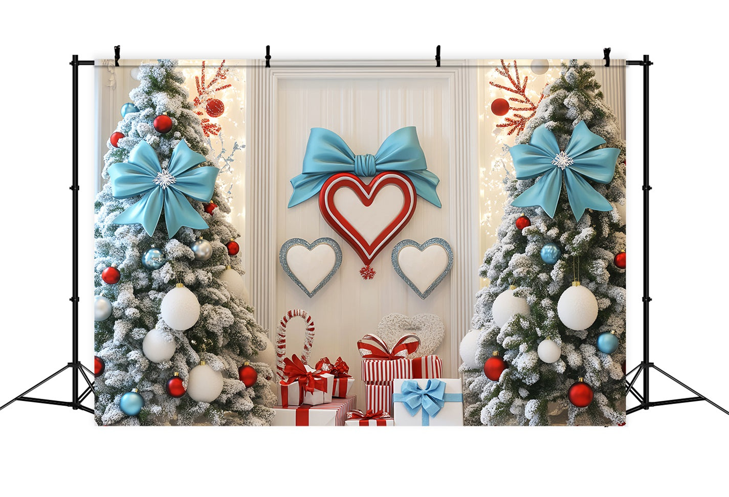 Winter Photo Backdrop Blue Bow Holiday Hearts Winter Backdrops UK LXX510-58