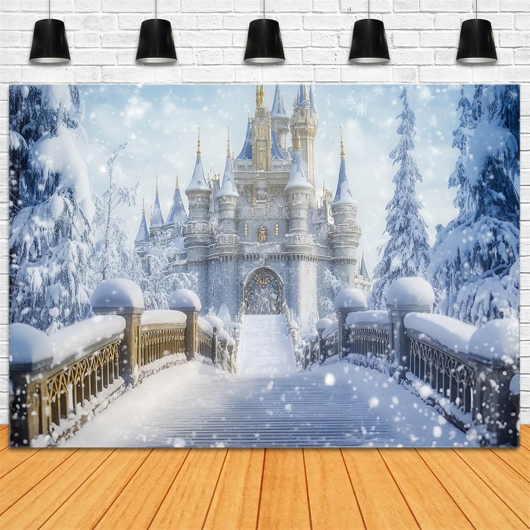 Wonderland Backdrop Snowy Castle Bridge Fantasy Winter Photography Backdrops UK LXX510-64
