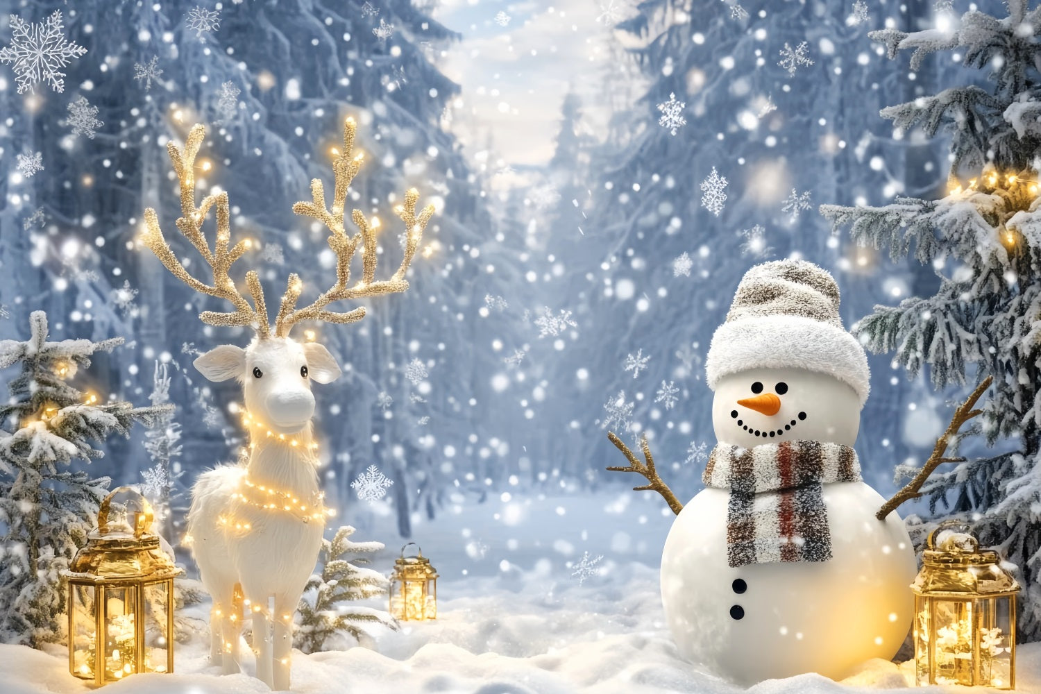 Wonderland Backdrop Snowman Reindeer Forest Glow Winter Photo Backdrops UK LXX510-65