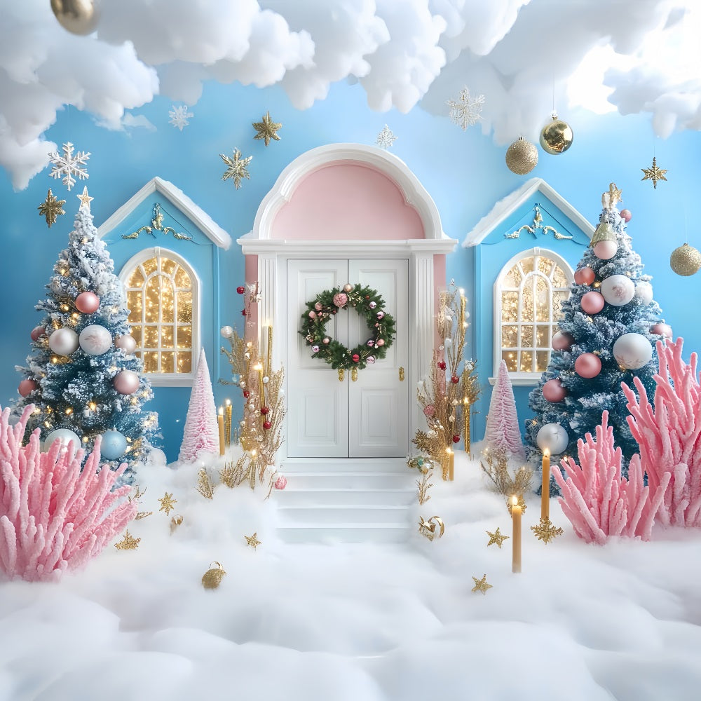 Winter Backdrop Pink Blue Christmas Snow Door Winter Photography Backdrops UK LXX510-66