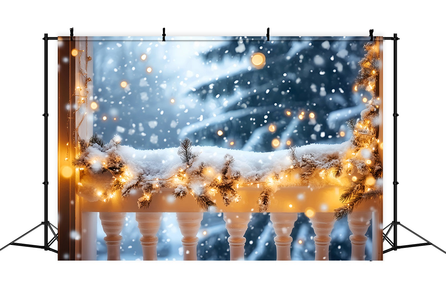 Winter Snow Backdrop Snowy Balcony Golden Lights Winter Backdrops UK LXX510-73