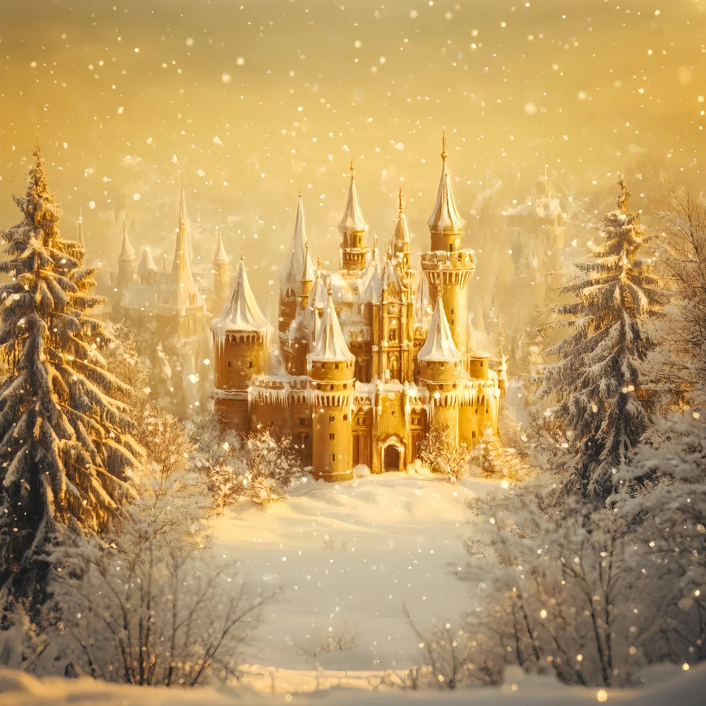 Winter Wonderland Backdrop Golden Twilight Ice Castle Winter Photo Backdrops UK LXX510-79