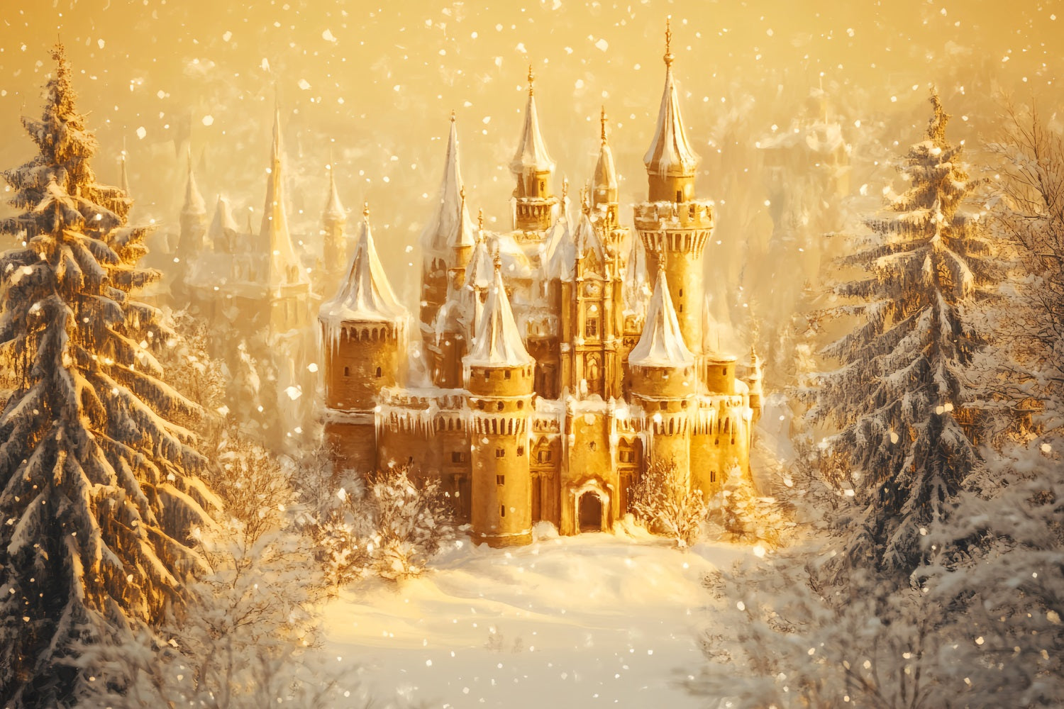 Winter Wonderland Backdrop Golden Twilight Ice Castle Winter Photo Backdrops UK LXX510-79