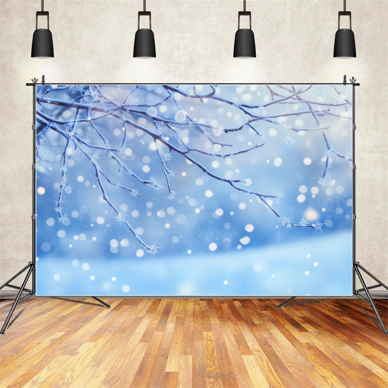 Winter Snow Backdrop Frosted Branch Snowflakes Glow Winter Photo Backdrops UK LXX510-80