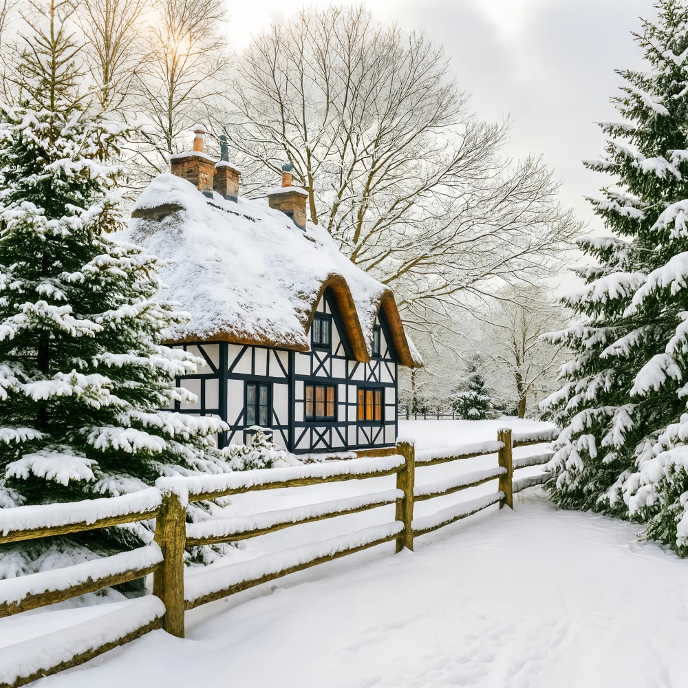 Winter Wonderland Backdrop Snow Cottage Pine Forest Winter Backdrop UK LXX510-82