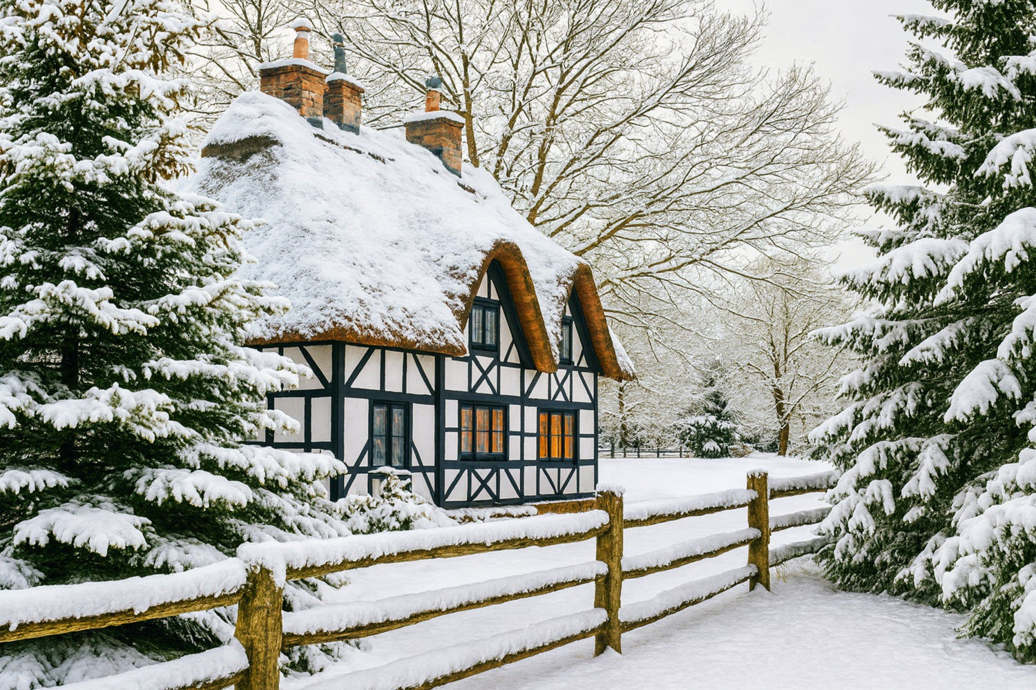 Winter Wonderland Backdrop Snow Cottage Pine Forest Winter Backdrop UK LXX510-82