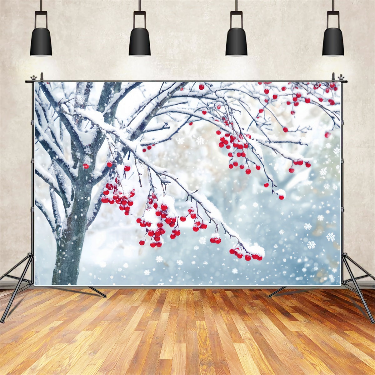 Winter Snow Backdrop Red Berry Snow Branches Winter Photo Backdrops UK LXX510-83