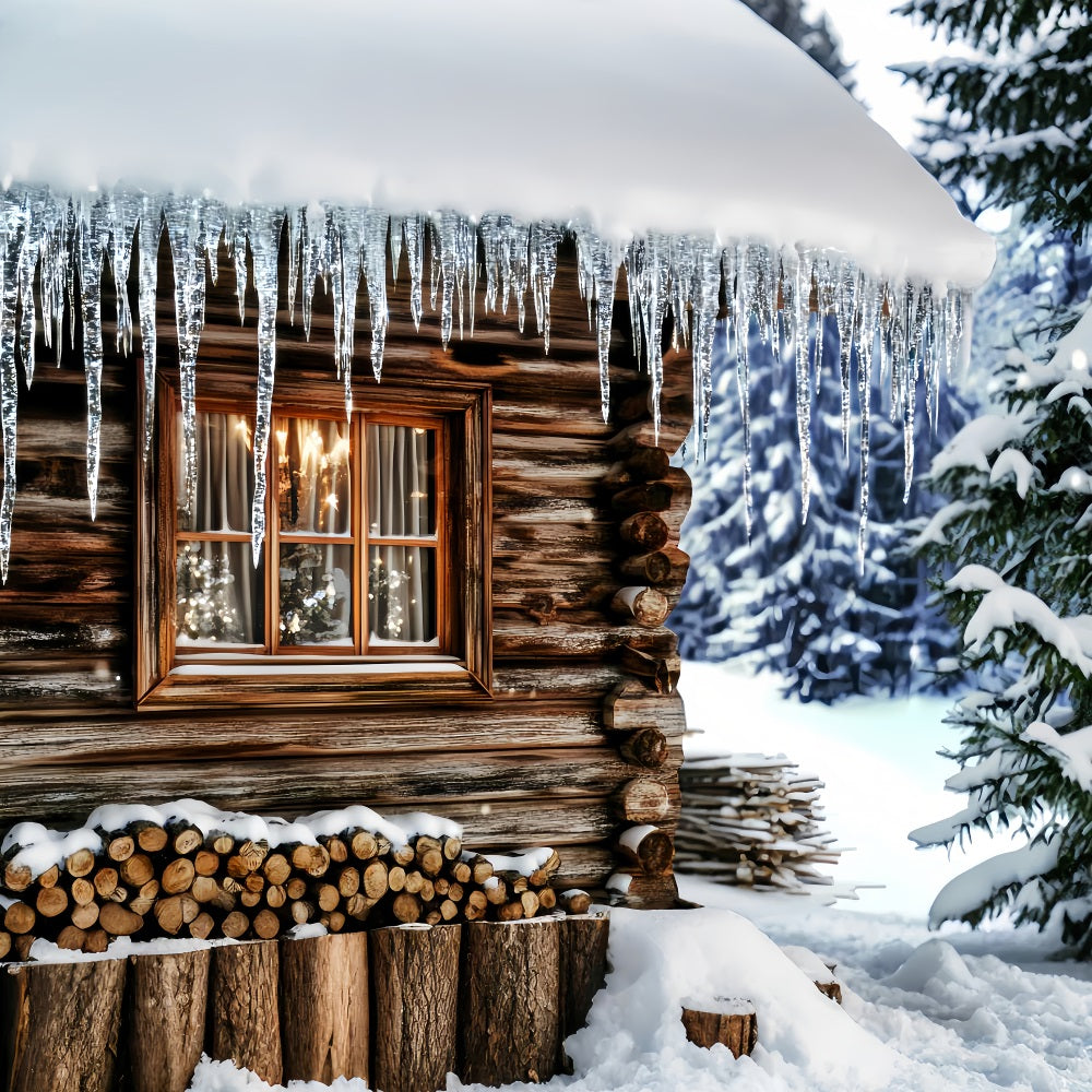 Winter Photo Backdrop Cozy Cabin Icicle Window Winter Backdrop UK LXX510-84