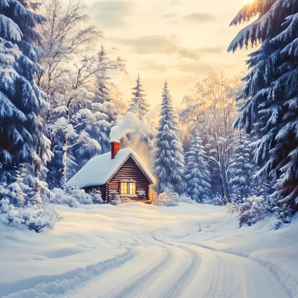 Winter Wonderland Backdrop Snow Cabin Forest Glow Winter Photo Backdrops UK LXX510-85
