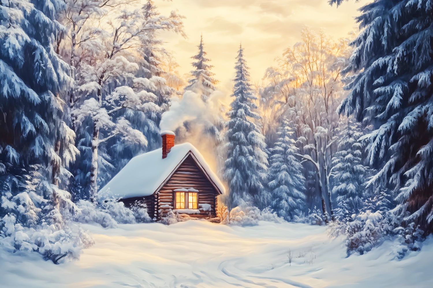 Winter Wonderland Backdrop Snow Cabin Forest Glow Winter Photo Backdrops UK LXX510-85