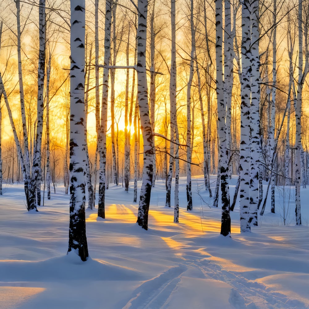 Winter Forest Backdrop Golden Sunrise Birch Wonderland Winter Backdrop UK LXX510-87