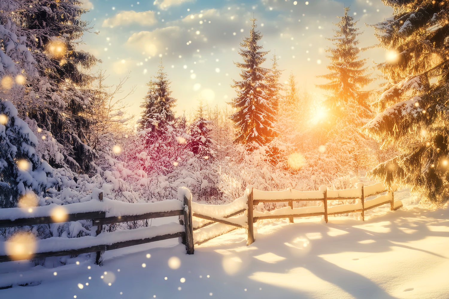 Wonderland Backdrop Sparkling Sunset Snow Fence Winter Photo Backdrops UK LXX510-99