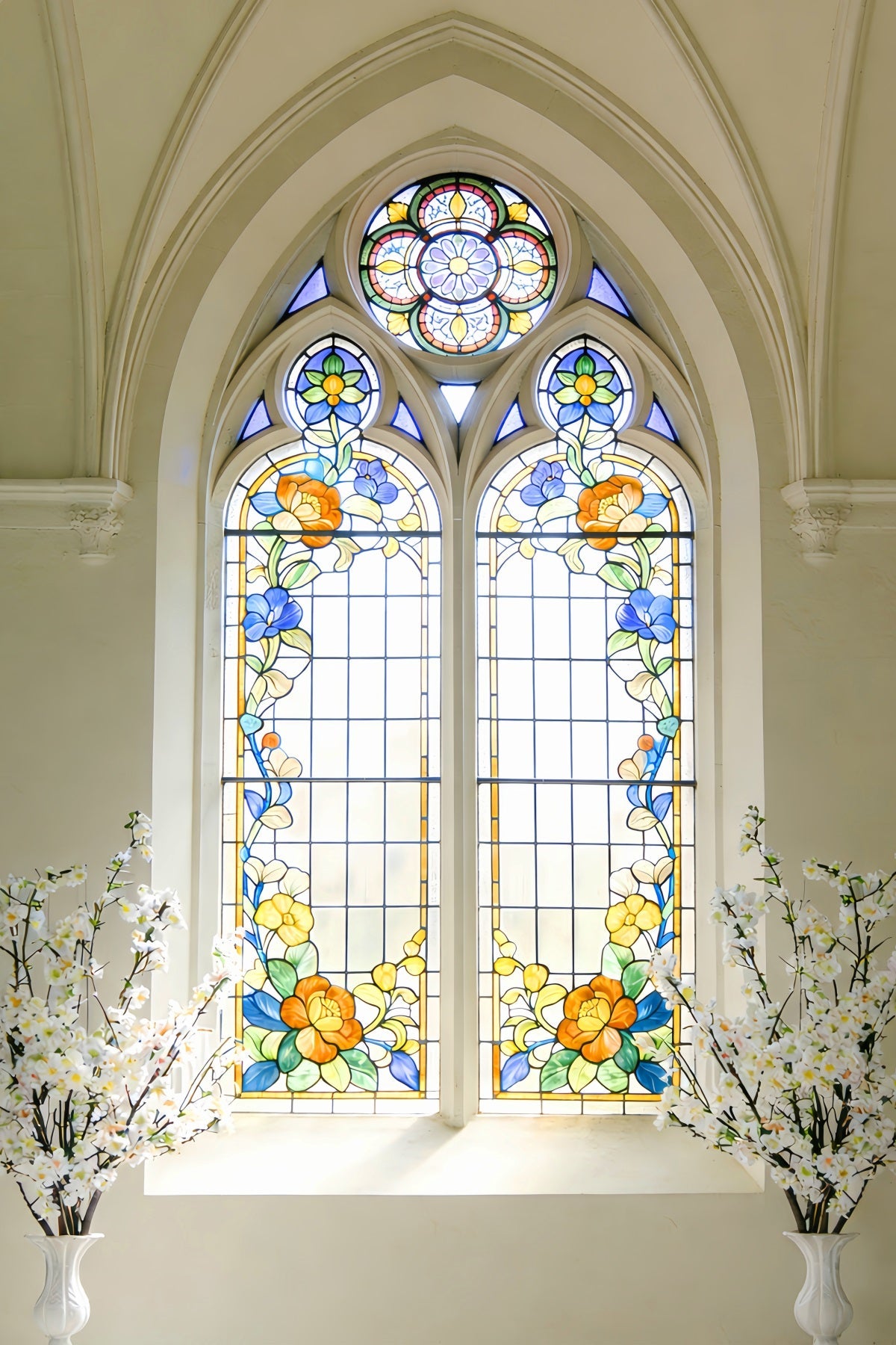 Stained Glass Backdrop Cathedral Daisies Arch Window Church Easter Backdrop UK LXX512-141