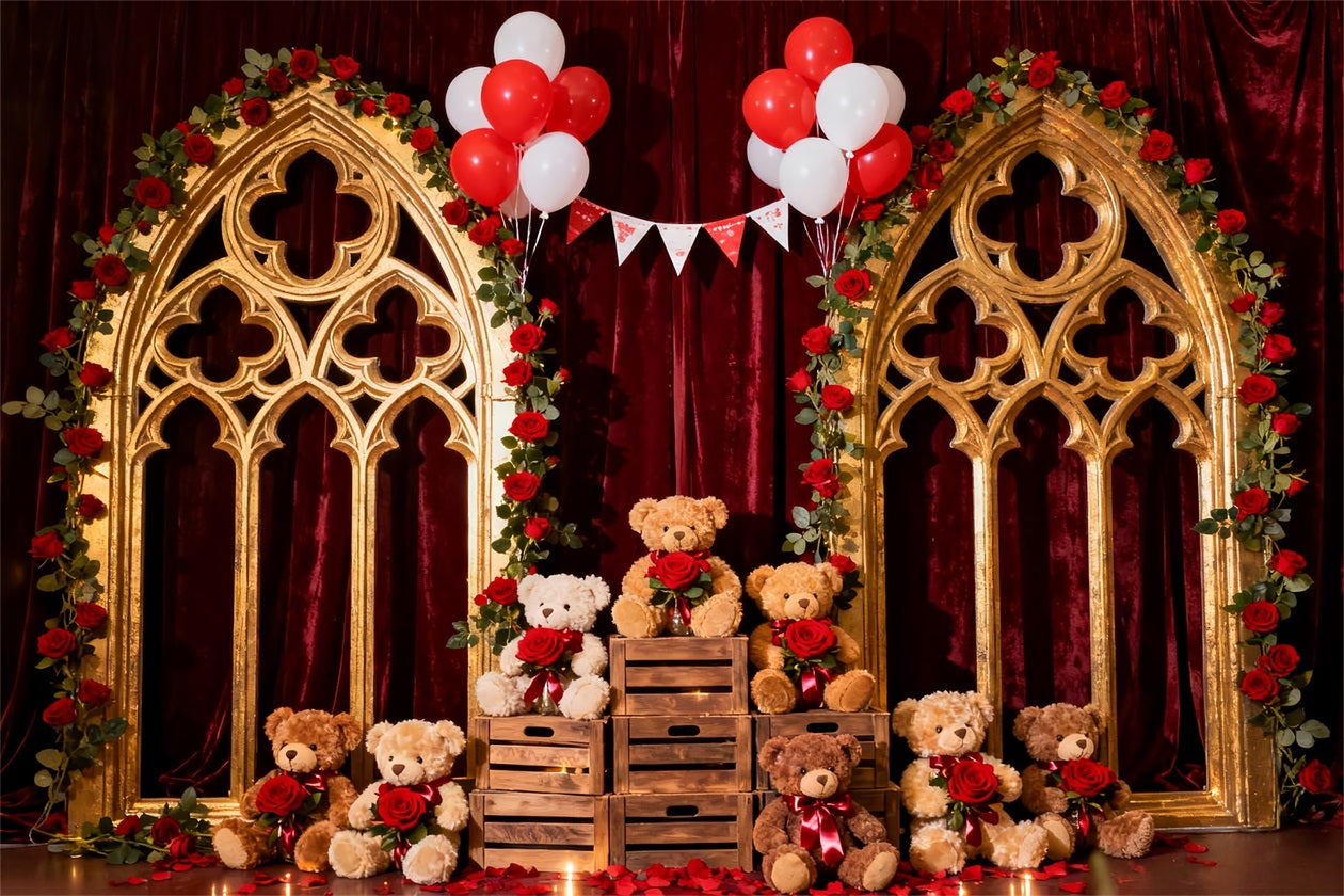 Romantic Backdrop Crimson Rose Balloon Teddy Floral Arch Valentine Backdrop UK LXX512-142