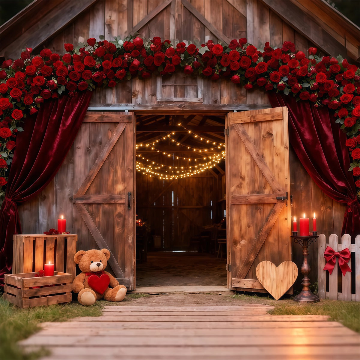 Floral Arch Valentine Backdrop Rustic Rose Barn Doors Glow Love Backdrops UK LXX512-154