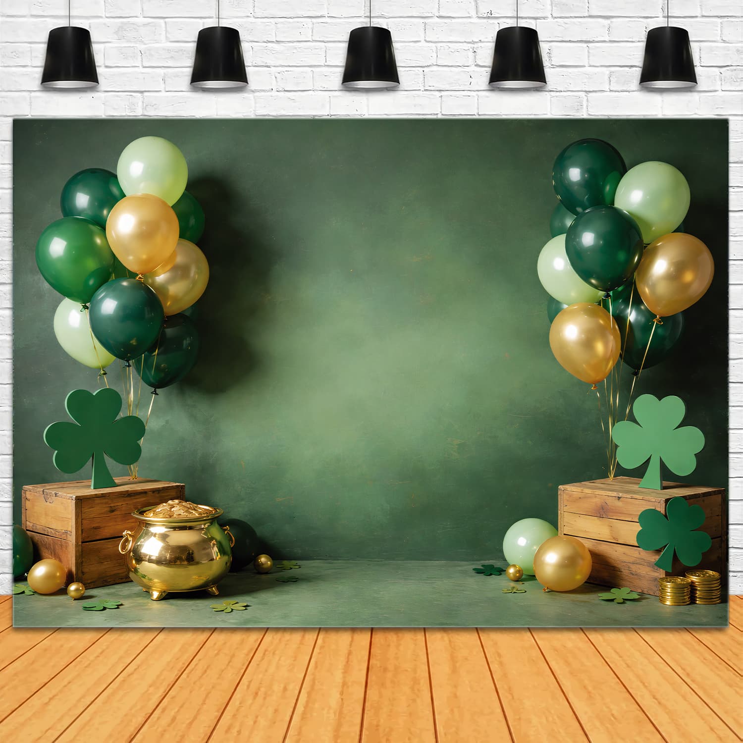 St Patrick's Day Backdrop Shamrock Balloons Gold Cauldron St Patrick Backdrop UK LXX512-26