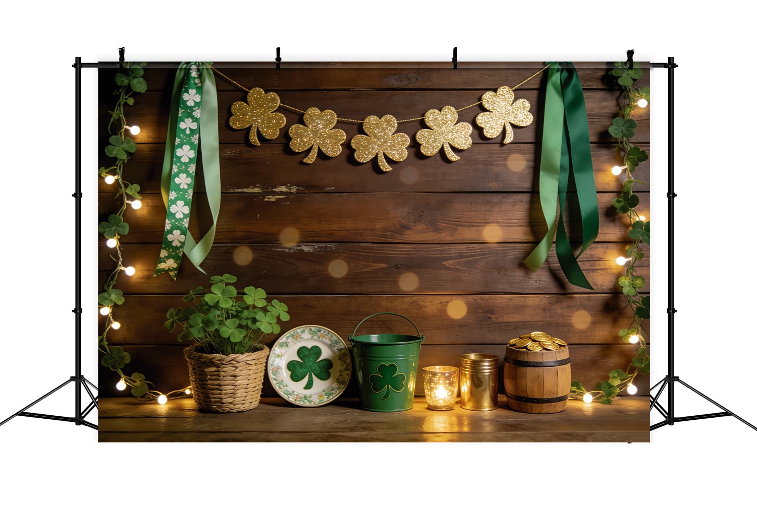 St Patricks Day Photo Backdrop Golden Clover Wood Barrel St Patrick Backdrop UK LXX512-32