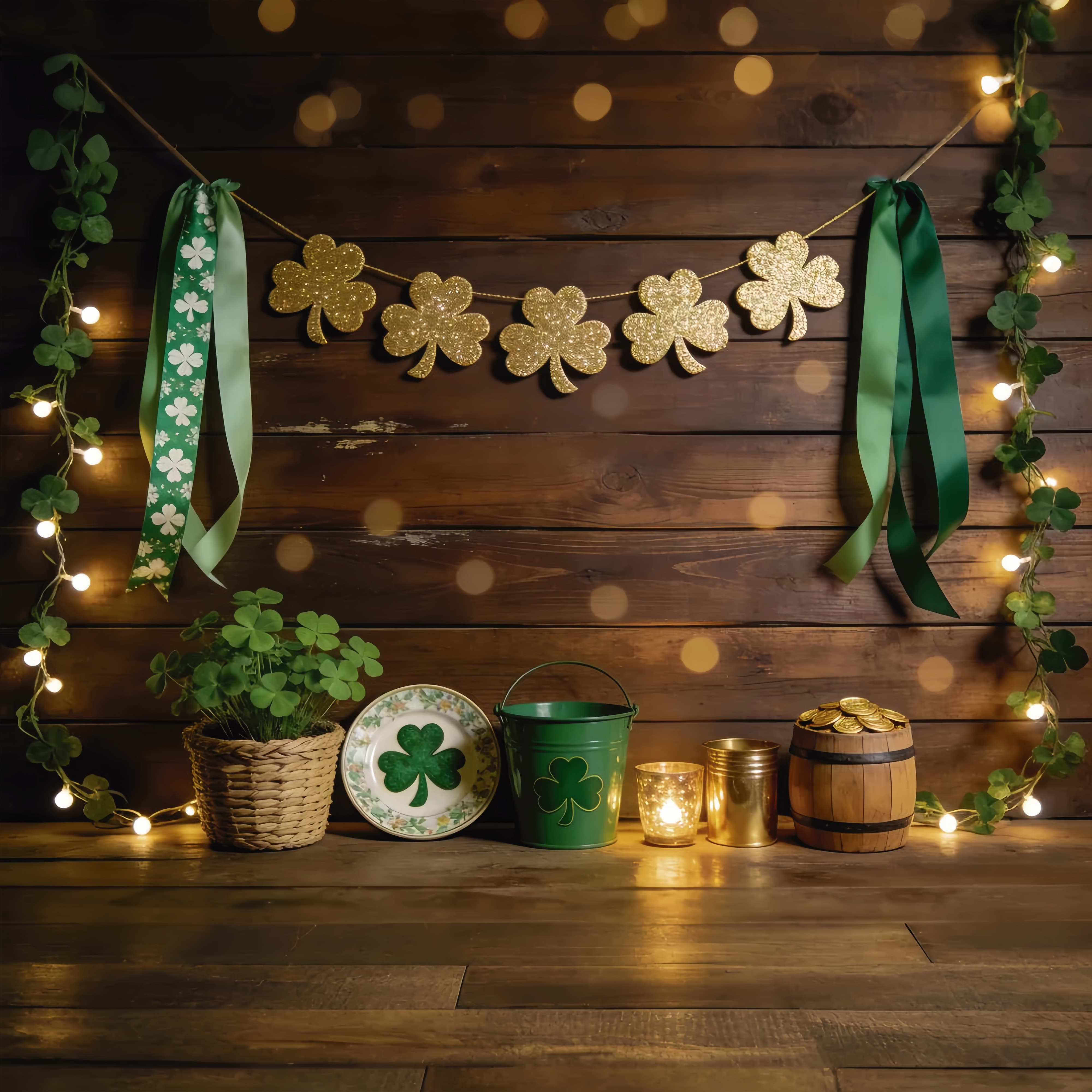 St Patricks Day Photo Backdrop Golden Clover Wood Barrel St Patrick Backdrop UK LXX512-32