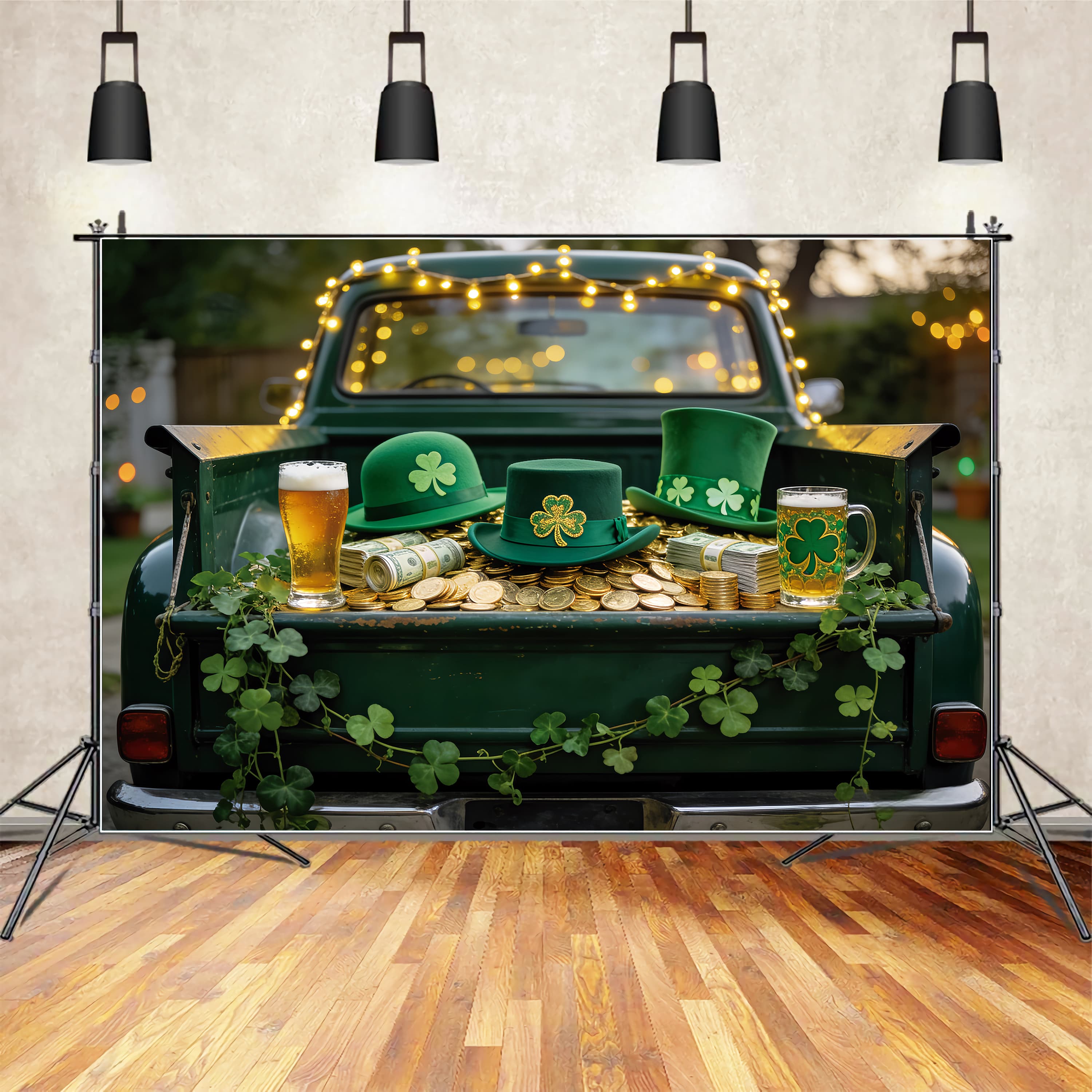 Irish Photo Backdrops Scattered Gold Coins Truck St Patrick's Day Backdrop UK LXX512-45