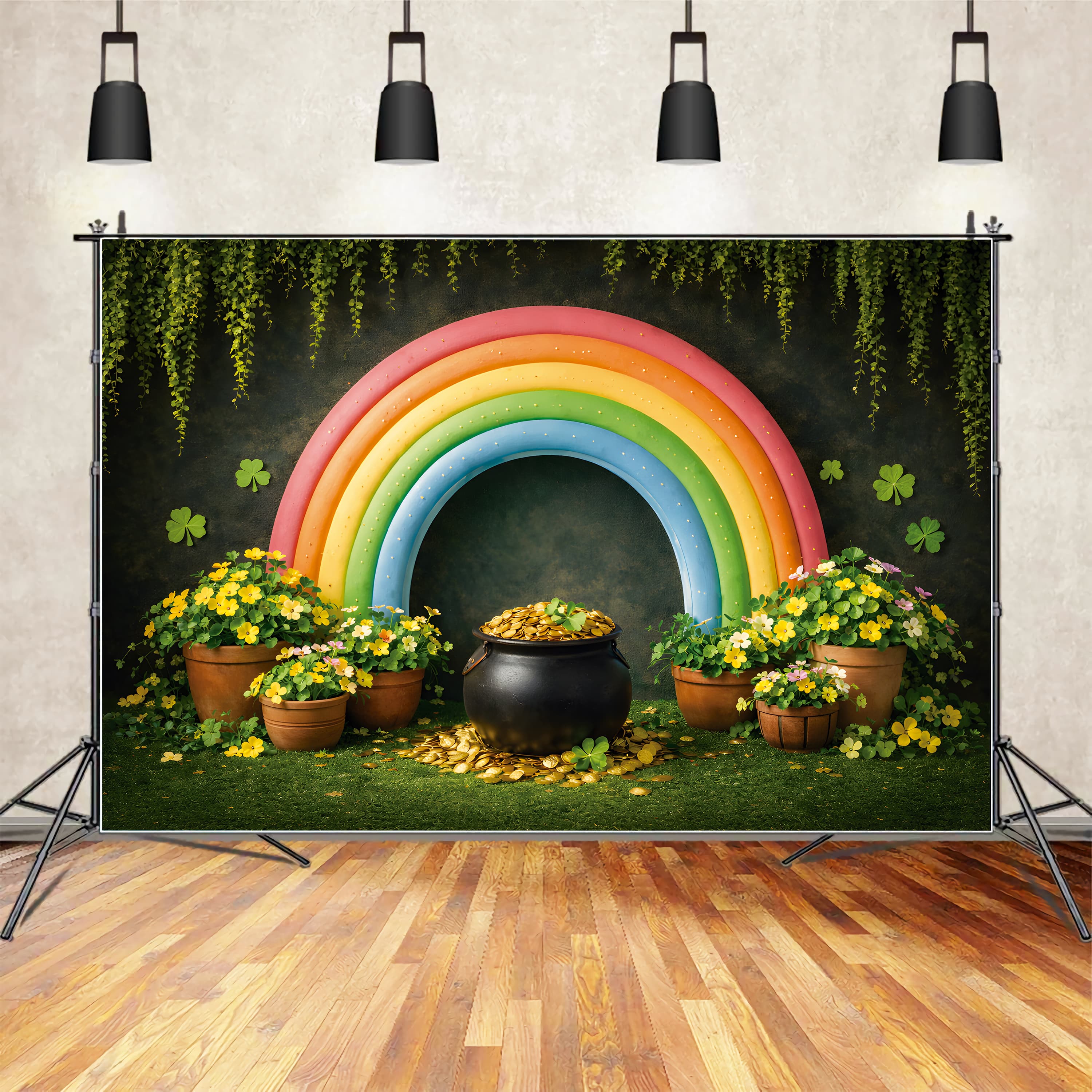 St Patrick's Backdrop Rainbow Gold Cauldron Garden St Patricks Day Backdrops UK LXX512-46