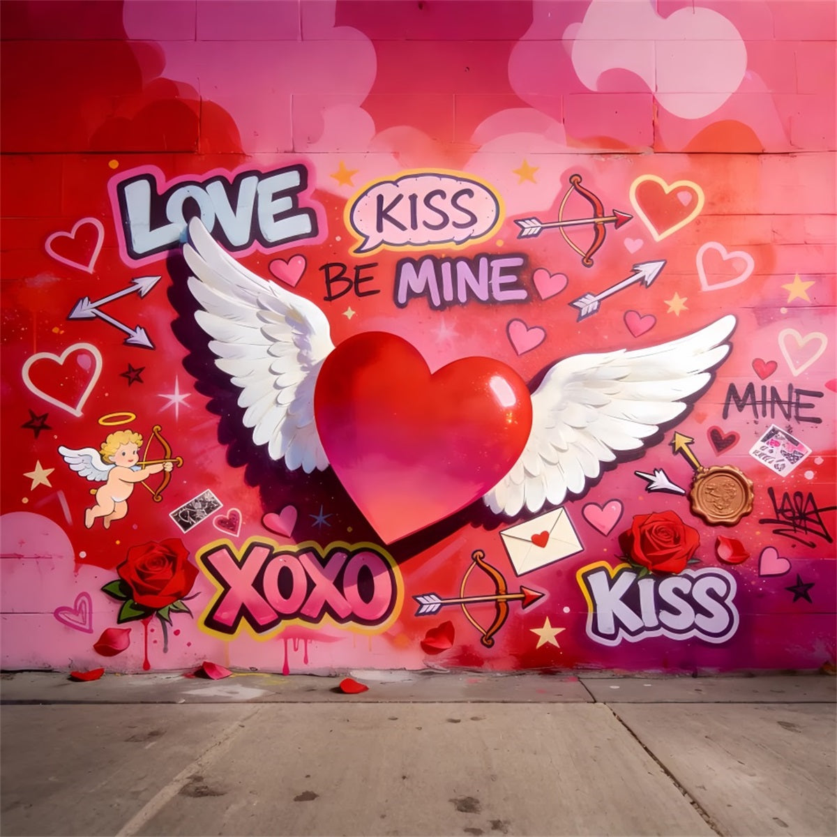 Cupid Backdrop Love XOXO Winged Heart Graffiti Wall Valentine Backdrop UK LXX512-50