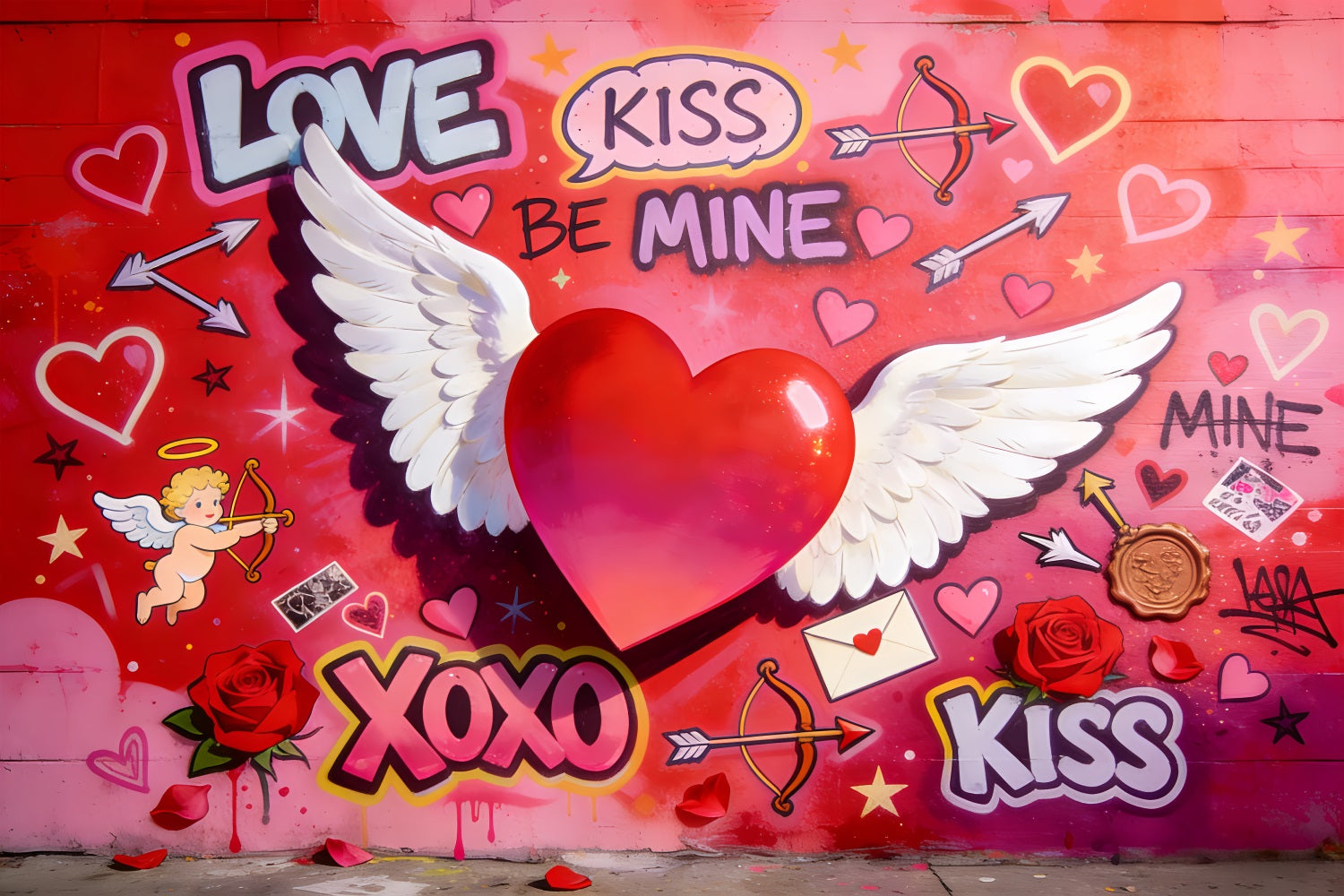 Cupid Backdrop Love XOXO Winged Heart Graffiti Wall Valentine Backdrop UK LXX512-50