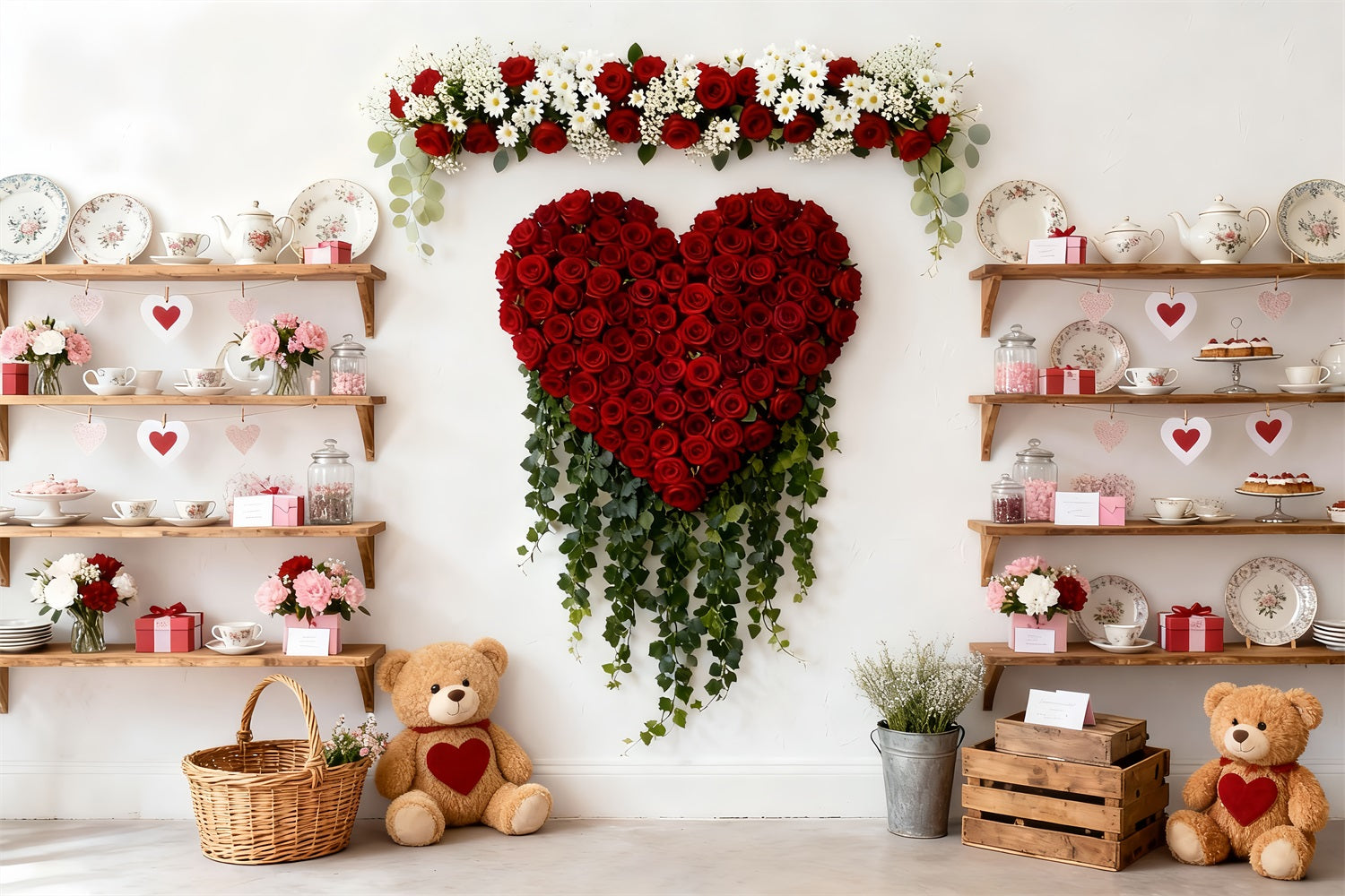 Valentine Backdrop Teddy Bears Tea Cabinet Red Rose Heart Backdrop UK LXX512-58