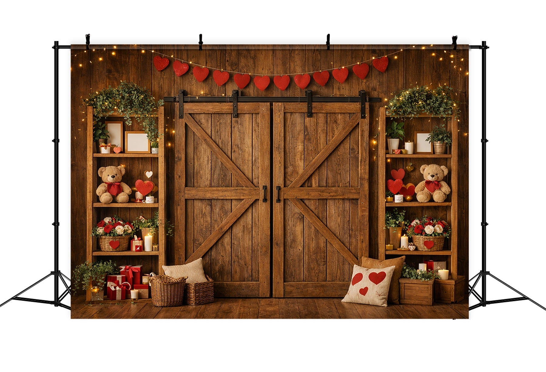 Heart Garland Backdrop Wooden Barn Door Teddy Bears Valentine's Day Backdrop UK LXX512-89
