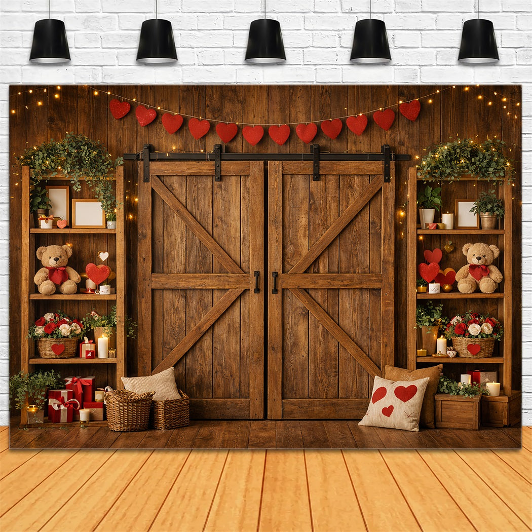 Heart Garland Backdrop Wooden Barn Door Teddy Bears Valentine's Day Backdrop UK LXX512-89