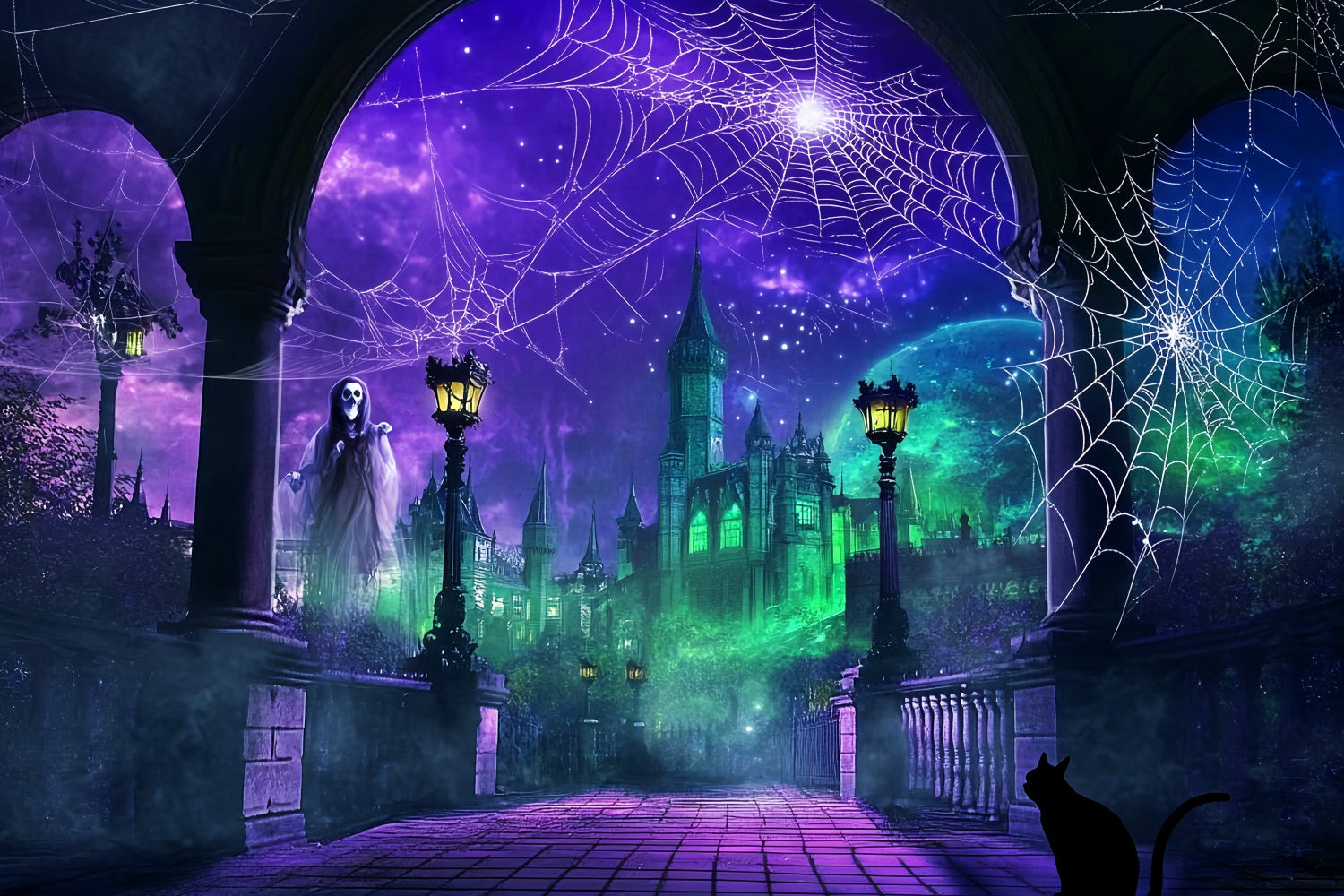 Halloween Photo Backdrop Enchanted Web Castle Backdrop UK LXX57-100