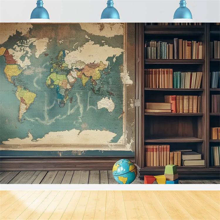 Back To School Backdrop Vintage Map Study Room Backdrop UK LXX57-24