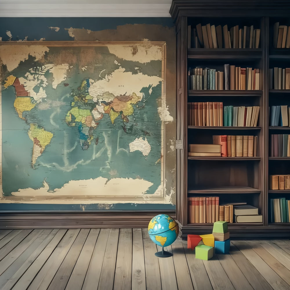 Back To School Backdrop Vintage Map Study Room Backdrop UK LXX57-24