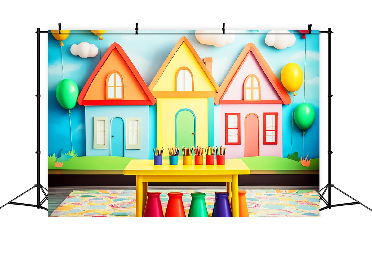Back To School Backdrops Colorful Cottage Balloon Backdrop UK LXX57-28