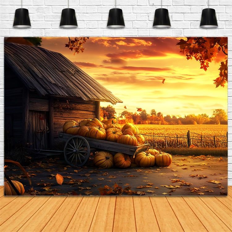 Happy Thanksgiving Backdrop Pumpkin Cart Glow Sunset Backdrop UK LXX57-327