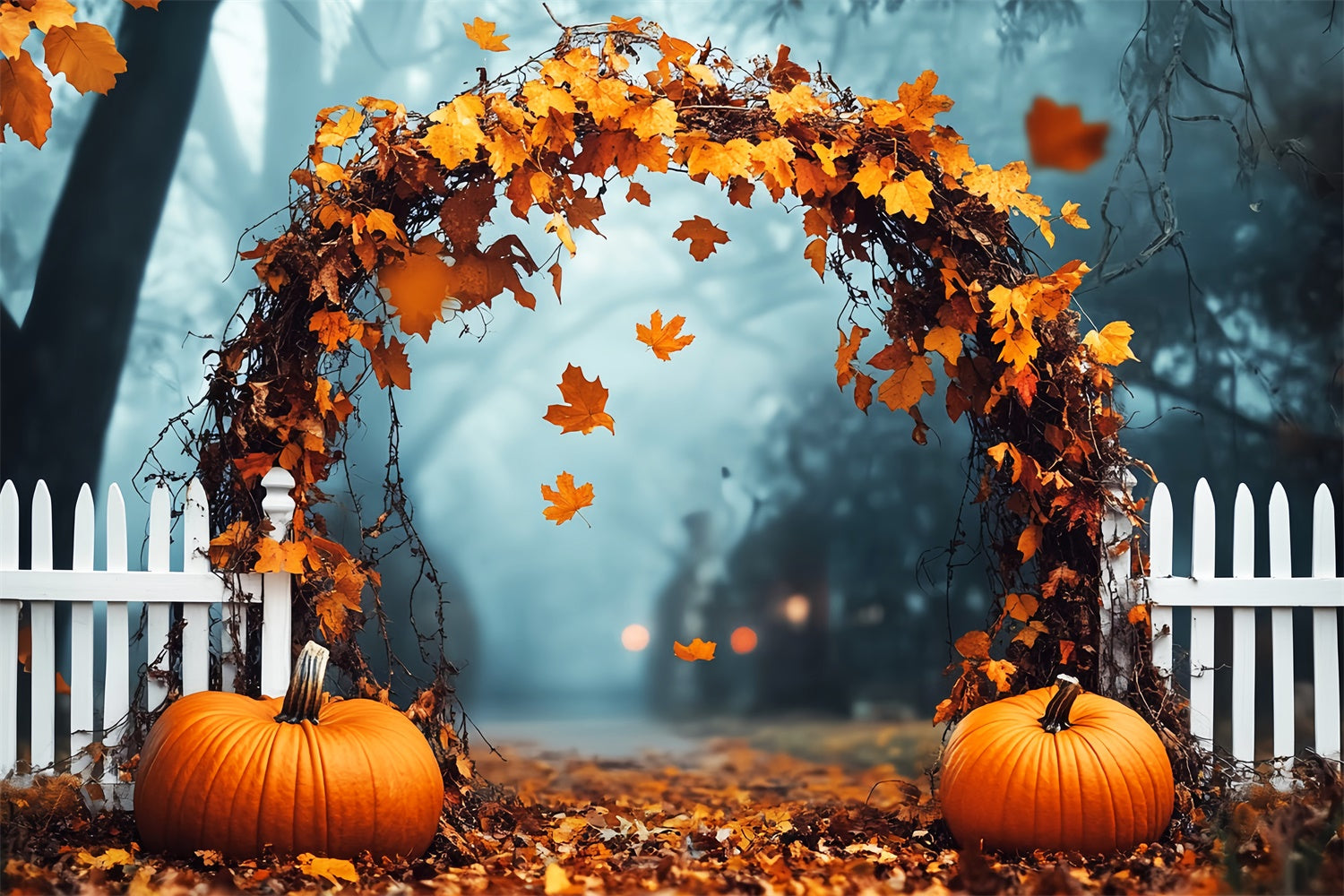 Backdrop For Thanksgiving Pumpkin Path Misty Forest Backdrop UK LXX57-332