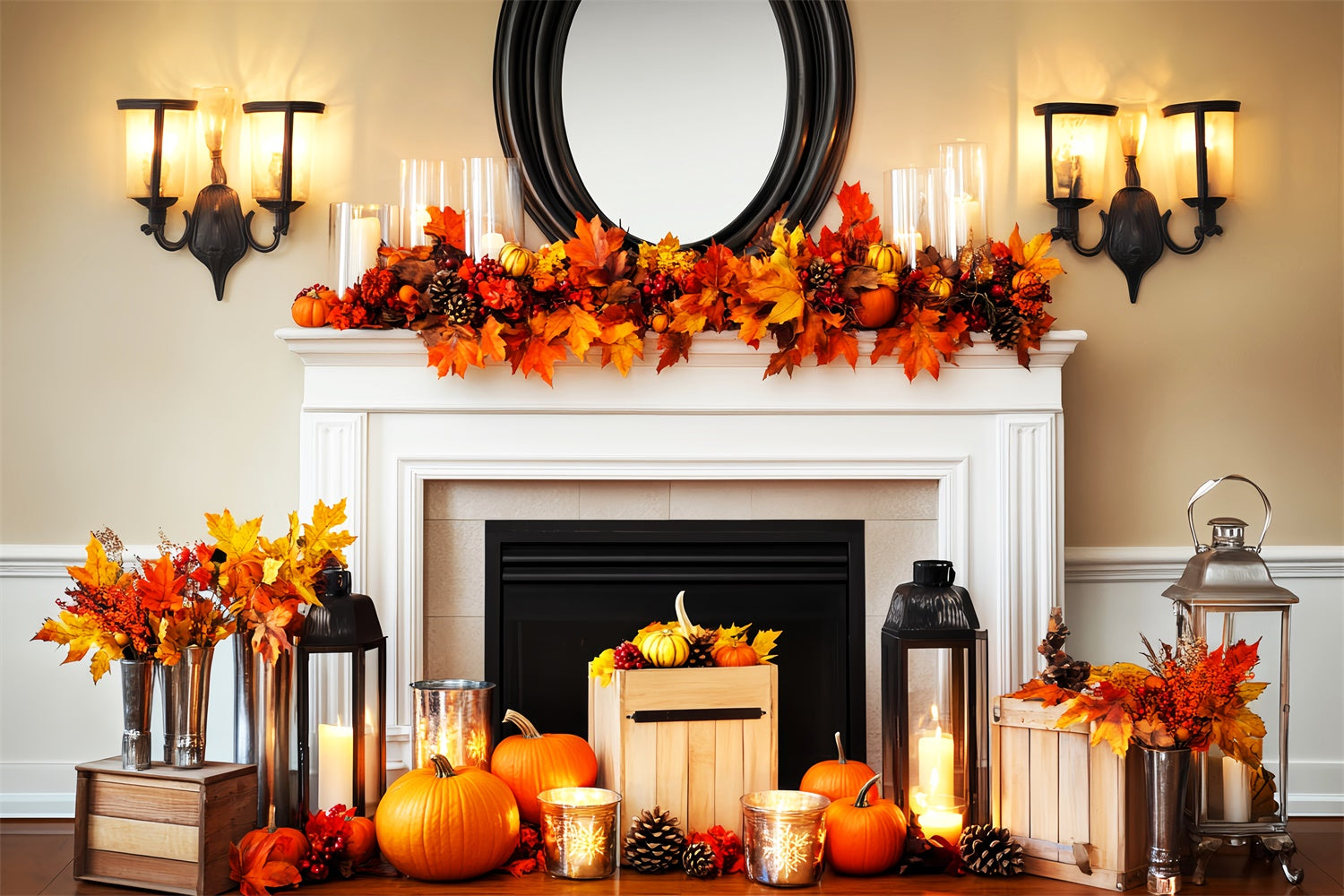 Thanksgiving Photo Backdrop Cozy Harvest Mantel Backdrop UK LXX57-334
