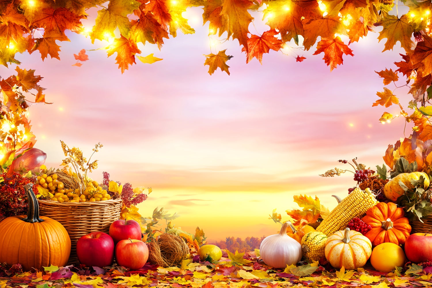 Thanksgiving Day Backdrop Apple Corn Sunset Photo Backdrop UK LXX57-340
