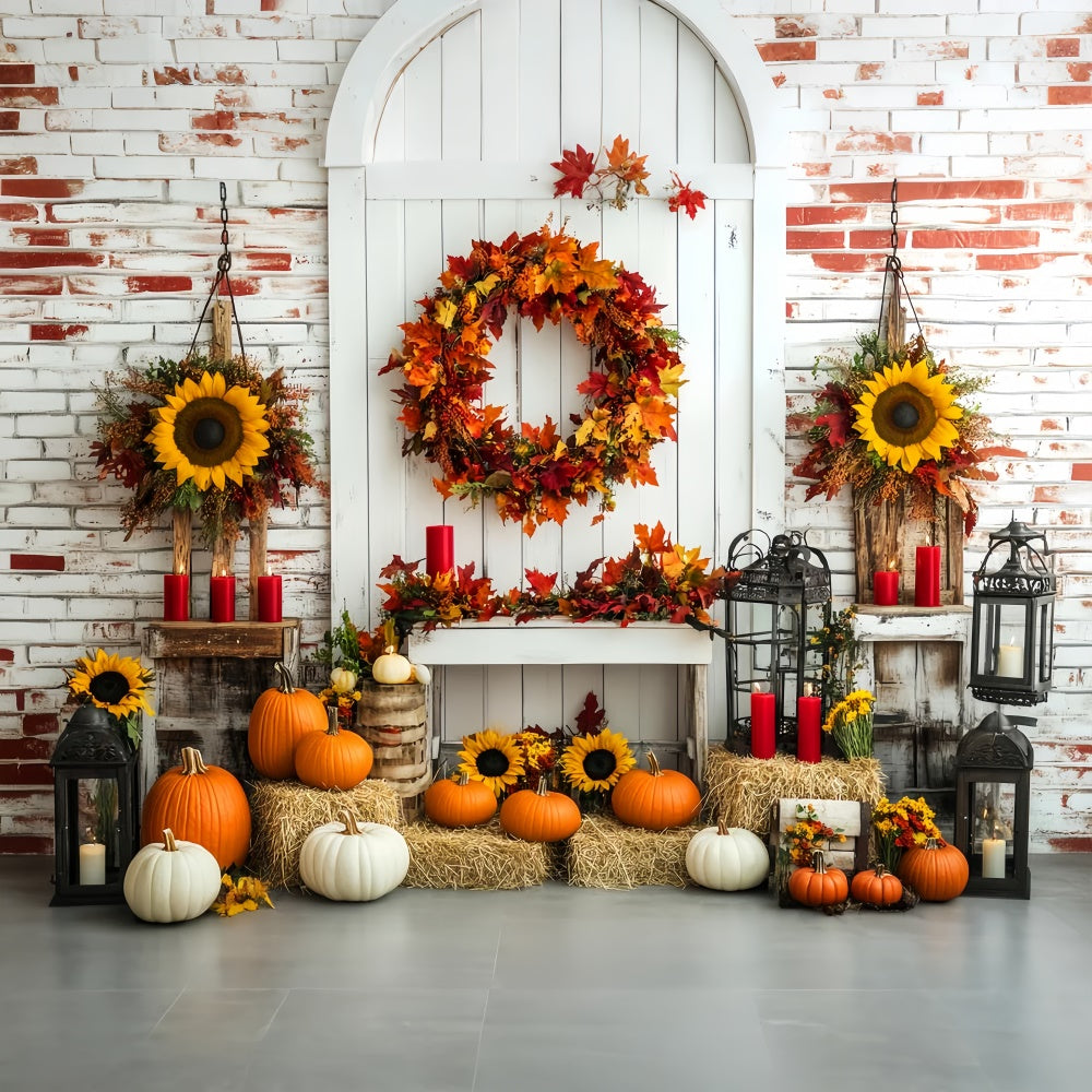 Fall Thanksgiving Backdrop Wreath Sunflower Brick Backdrop UK LXX57-342
