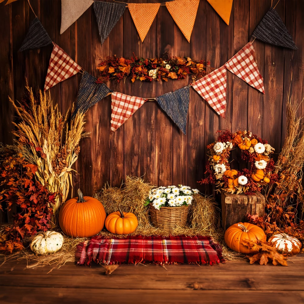 Thanksgiving Photo Backdrop Plaid Banner Harvest Backdrop UK LXX57-352
