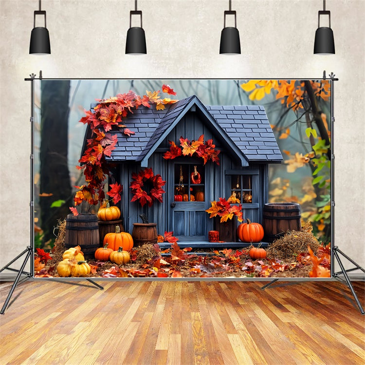 Backdrop Thanksgiving Woodland Pumpkin Cottage Backdrop UK LXX57-359