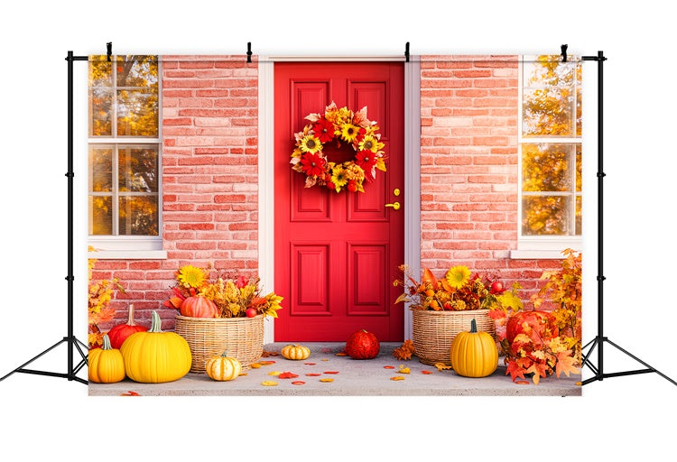 Fall Thanksgiving Backdrop Red Door Porch Autumn Backdrop UK LXX57-362