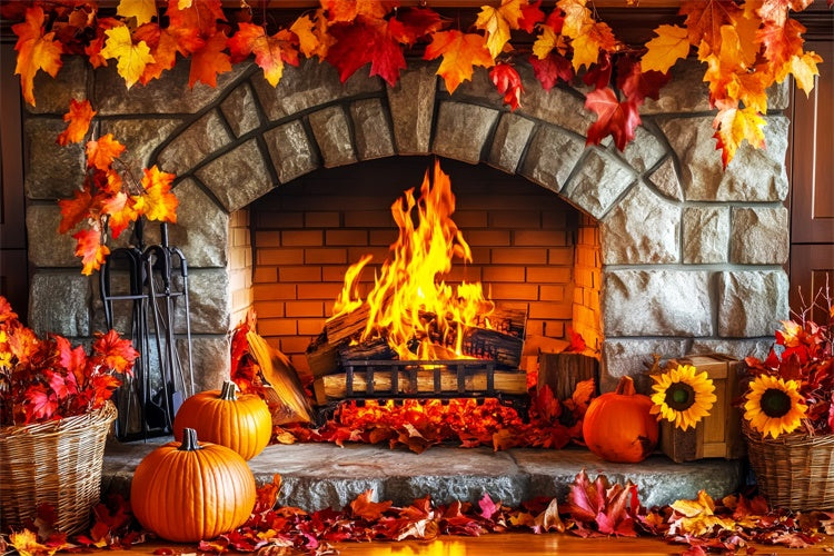 Backdrop Thanksgiving Stone Hearth Autumn Leaves Backdrop UK LXX57-366