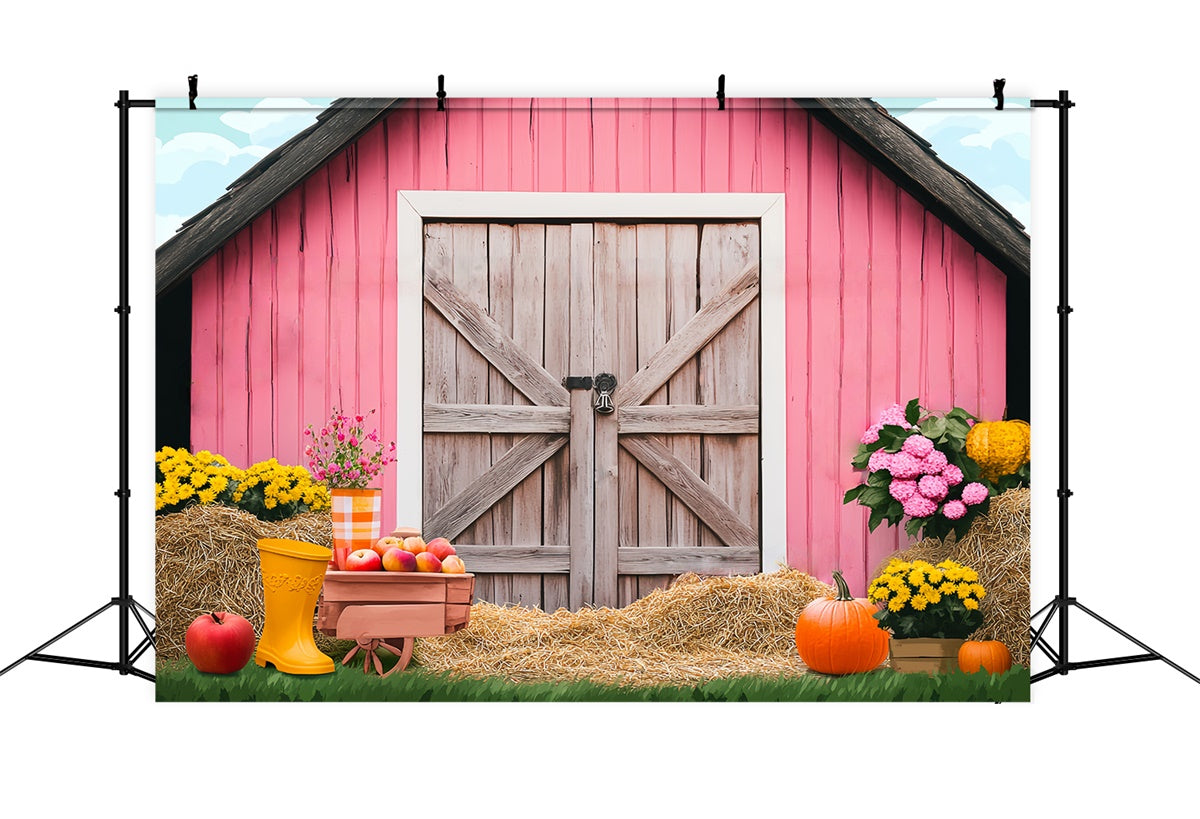 Pink Barn Backdrop Pumpkin Harvest Scene Backdrop UK LXX57-375