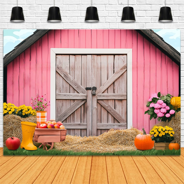 Pink Barn Backdrop Pumpkin Harvest Scene Backdrop UK LXX57-375
